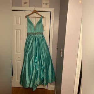 Turquoise Floor Length Tapered Prom Dress